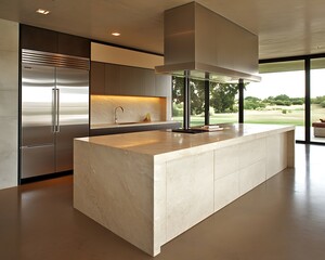 Wall Mural - Modern kitchen island with stainless steel appliances and large windows overlooking a golf course.