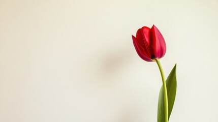 Aufkleber - A single vibrant crimson tulip against a light ivory background, close-up shot, Minimalist style