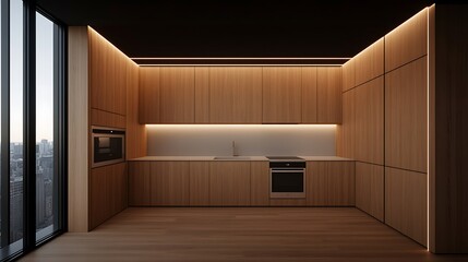 Wall Mural - Modern minimalist kitchen with wood cabinets, integrated appliances, and city view.