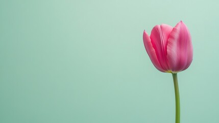 Poster - A single vibrant fuchsia tulip against a light sage green background, close-up shot, Minimalist style