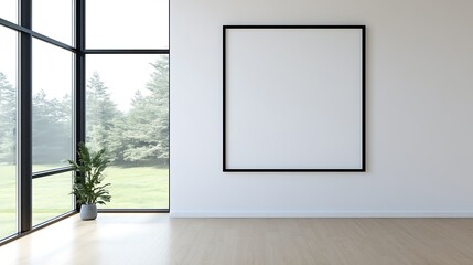 Canvas Print - Modern minimalist room with large window, blank frame, and plant.