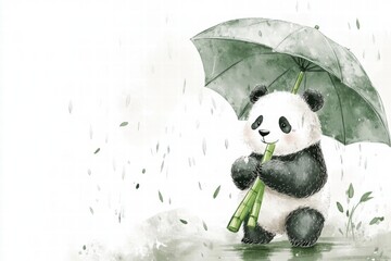 Poster - Panda enjoys bamboo while sheltered under an umbrella during a light rain shower in a serene landscape. Generative AI