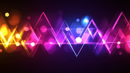 Poster - Vibrant, abstract design with neon-colored triangles, shimmering lights, and a dark background