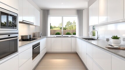 Wall Mural - Modern white kitchen with garden view.