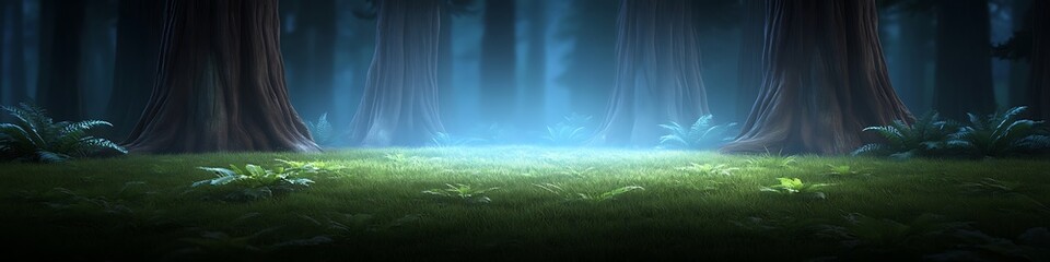 Poster - Mystical forest at night, glowing grass, tall trees.