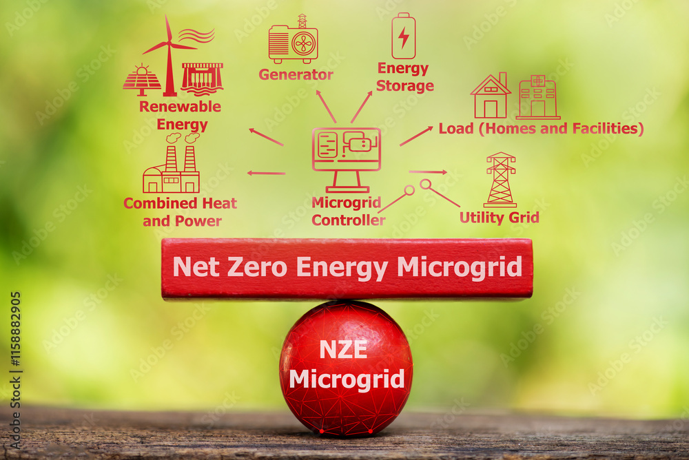 Net Zero Energy Microgrid Texts On Red Woods And Icons An On Natural