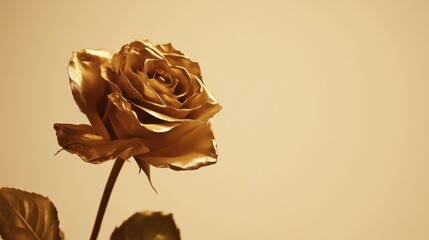 Poster - A solitary rich gold rose against a light taupe background, close-up shot, Minimalist style