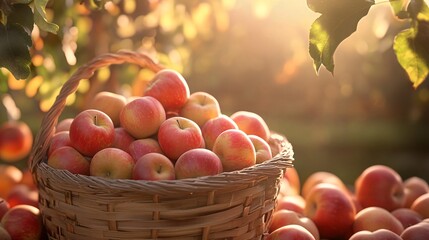 Aufkleber - Wicker basket overflowing with freshly picked red apples in orchard at sunset