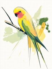 Poster - Bright parrot illustrated with vibrant colors perched on a branch amidst abstract background elements. Generative AI
