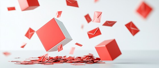 Poster - Valentine Love letter with red heart. Red cubes and envelopes cascade in a dynamic, creative composition.