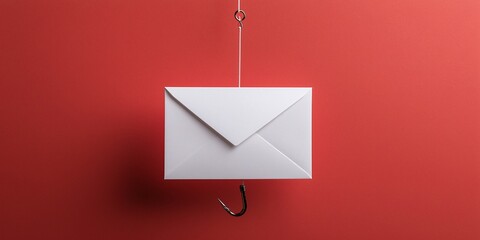 Poster - Valentine Love letter with red heart. White envelope suspended on a hook against a vibrant red background.