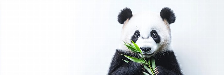 Poster - Panda holding bamboo with ample copy space for text and branding. Generative AI