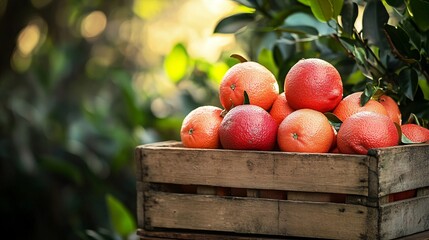 Poster - Freshly picked grapefruits resting in wooden crate in orchard