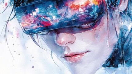 Poster - Futuristic Portrait of a Woman Wearing Virtual Reality Headset in an Artistic Cyberpunk Style with Abstract Cityscape Reflected in the Lenses