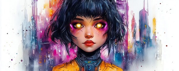 Poster - Futuristic Cyberpunk Portrait of a Young Woman with Vibrant Eyes and Neon Background in a Sci-Fi Cityscape Setting