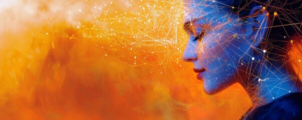 Poster - Serene Portrait of a Woman with Digital Abstract Elements, Symbolizing Connection and Creativity in a Vibrant Color Palette