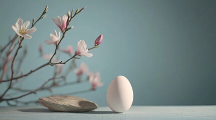 Wall Mural - White egg standing on wooden table near magnolia flowers and stone