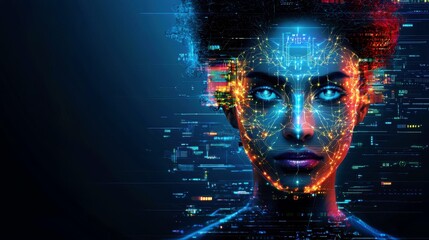Poster - Futuristic Portrait of a Woman with Digital Technology Overlay and Bright Glowing Patterns Representing Artificial Intelligence and Data Visualization