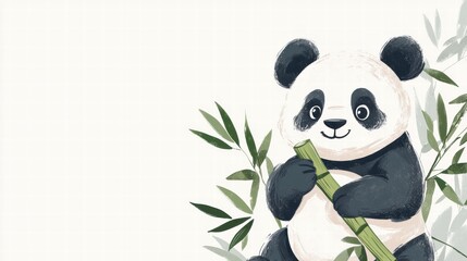 Aufkleber - Playful panda joyfully holding fresh bamboo with ample space for additional text and creativity. Generative AI