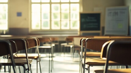 Aufkleber - Empty classroom with wooden chairs and sunlight shining through window