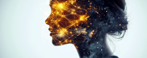 Poster - Abstract art representation of human intelligence combining technology and creativity in a silhouette form layered with glowing connections and neural designs