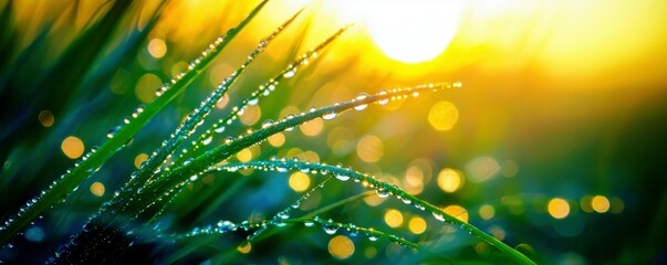 Poster - Dewdrops on Fresh Green Grass Blades with Sunrise in the Background Creating a Dreamy Bokeh Effect of Soft Light and Nature's Serenity