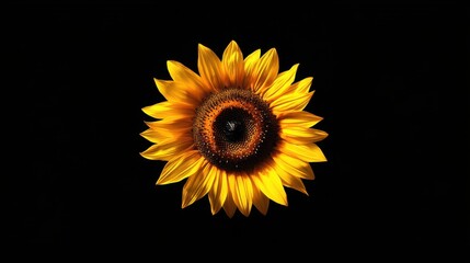 Poster - A vibrant yellow sunflower on a rich black background, close-up shot, Minimalist style