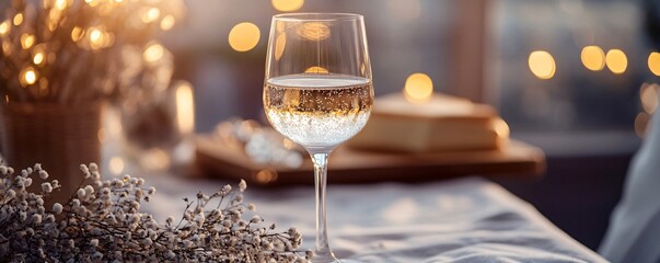 Poster - Glass of sparkling wine illuminating romantic dinner table setting at sunset