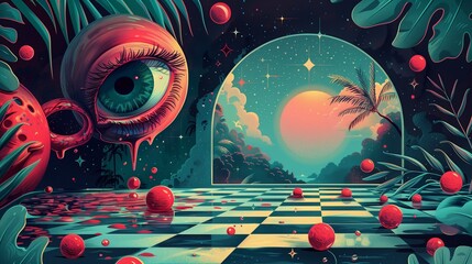 Poster - melting eye with spheres against starry sky background image. surreal composition from weird dream f