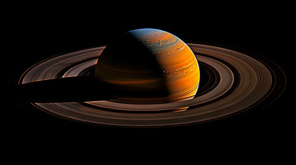 Wall Mural - A vibrant, orange and blue gas giant planet with prominent rings, set against a black background.