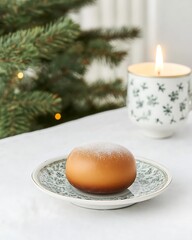 Wall Mural - Powdered pastry on a saucer, near a candle and fir tree.