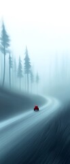 Canvas Print - Red car driving on a foggy road through a forest.