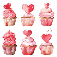 Wall Mural - A watercolor drawing of Valentine's Day cupcake toppers, isolated on a white background. Valentine's Day vector.
