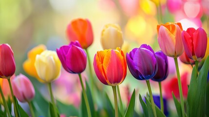Poster - An artistic arrangement of vibrant tulips in various colors against a blurred floral garden backdrop, close-up shot, Contemporary style