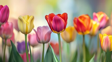 Poster - An artistic arrangement of vibrant tulips in various colors against a blurred floral garden backdrop, close-up shot, Contemporary style