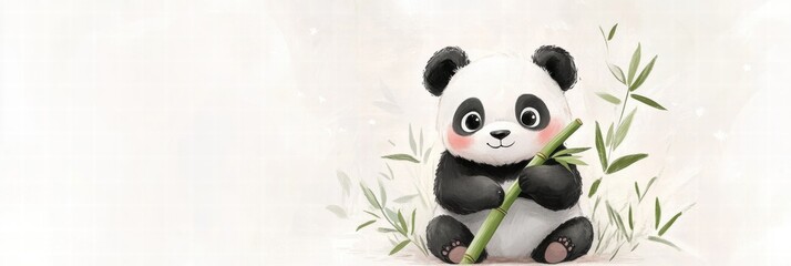 Poster - Cute panda happily holding bamboo sticks in a serene, light background with space for text. Generative AI