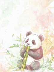 Poster - Cute panda eating bamboo in a serene background with ample space for text or messaging. Generative AI