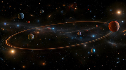 Wall Mural - Cosmic planetary system with ring, nebula, and stars.