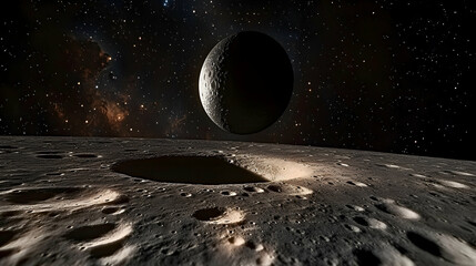 Wall Mural - Cratered moon surface with a celestial body in the background.
