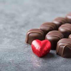 Wall Mural - Red heart-shaped chocolate among milk chocolates on a gray background.