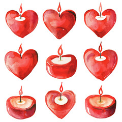 Wall Mural - A watercolor vector of red love candles in heart shapes, isolated on a white background. Valentine's Day vector.
