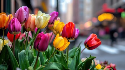 Poster - An artistic display of vibrant tulips in various colors against a blurred urban street backdrop, close-up shot, Urban style