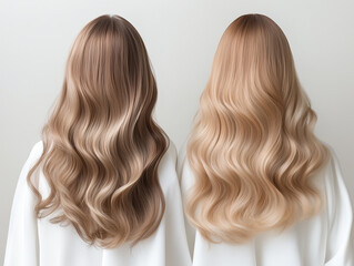 Poster - 2人の若い女性の後ろ姿。美しい長い巻き髪にフォーカスした写真。ヘアケアやカラーリングのイメージ撮影。
