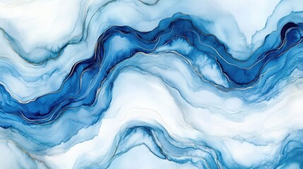 Poster - Elegant Fluid Art in Shades of Blue with White and Gold Accents