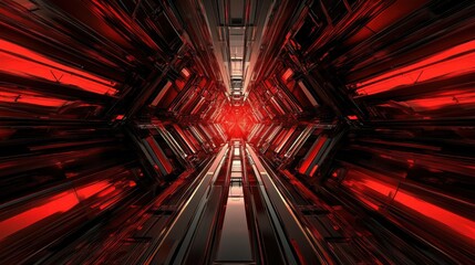 Poster - Red and Black Abstract Digital Tunnel with Geometric Patterns