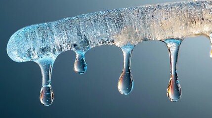 Wall Mural -   A cluster of water droplets dangling from an extended, frozen ice sheet against a blue backdrop