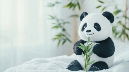 Fototapete - Panda enjoys fresh bamboo while sitting in a serene indoor setting surrounded by greenery and soft natural light. Generative AI