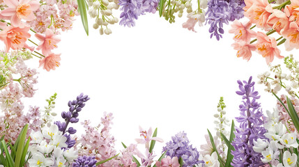 Wall Mural - Spring garden flowers creating a frame including hyacinths, crocuses, and lilies of the valley in soft pastel tones.
