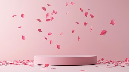 Poster - Valentine podium and backdrop. Soft pink background with floating petals above a circular platform, creating a whimsical atmosphere.