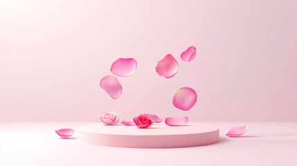 Poster - Valentine podium and backdrop. Delicate pink petals floating above a soft pastel surface.